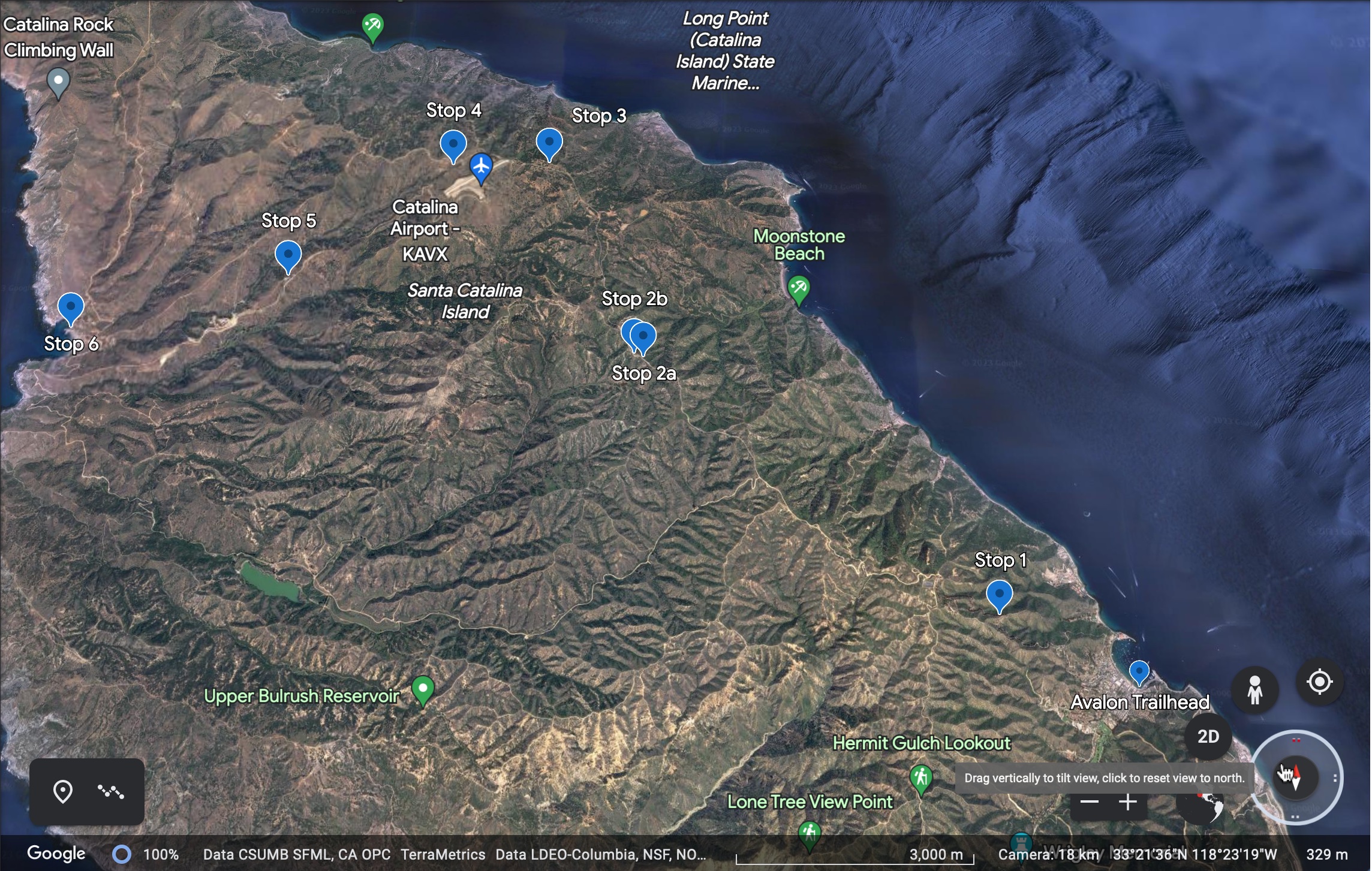 This shows the location of the fieldtrip stops. Stop 2 is northwest of Stop 1.